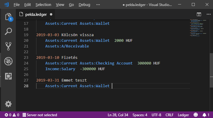 Visual Studio Code a ledger kiegészítővel
